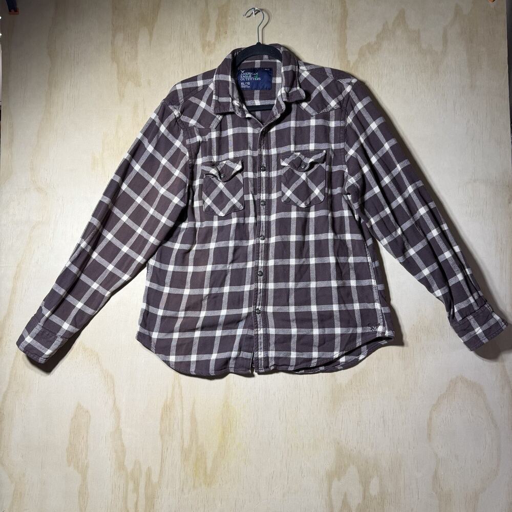 American Eagle Outfitters Flannel Shirt XL Brown Plaid Snap Button‎ Western